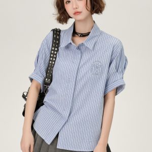 Blue Striped Short Sleeve Shirt for Women, Embroidered Wide Cuff Design, Slimming Summer Style, Trendy Fashion Top