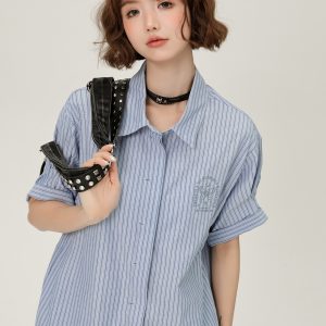 Blue Striped Short Sleeve Shirt for Women, Embroidered Wide Cuff Design, Slimming Summer Style, Trendy Fashion Top