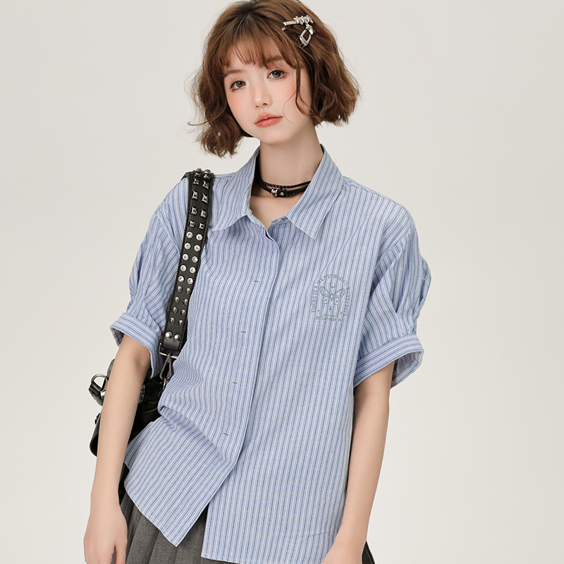Blue Striped Short Sleeve Shirt for Women, Embroidered Wide Cuff Design, Slimming Summer Style, Trendy Fashion Top