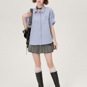 Blue Striped Short Sleeve Shirt for Women, Embroidered Wide Cuff Design, Slimming Summer Style, Trendy Fashion Top