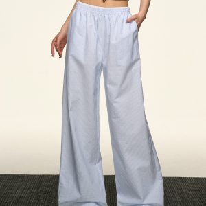 Blue Striped Wide-Leg Pants for Women - Casual Summer Retro Style, Loose Fit, Slimming American 90s Fashion