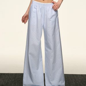 Blue Striped Wide-Leg Pants for Women - Casual Summer Retro Style, Loose Fit, Slimming American 90s Fashion