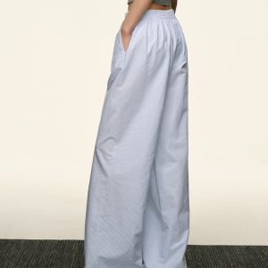 Blue Striped Wide-Leg Pants for Women - Casual Summer Retro Style, Loose Fit, Slimming American 90s Fashion