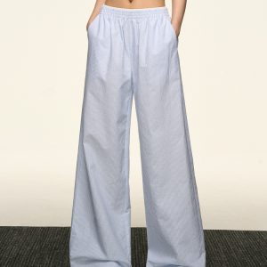 Blue Striped Wide-Leg Pants for Women - Casual Summer Retro Style, Loose Fit, Slimming American 90s Fashion