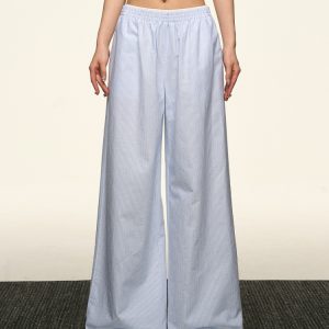 Blue Striped Wide-Leg Pants for Women - Casual Summer Retro Style, Loose Fit, Slimming American 90s Fashion