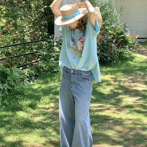 Blue Tide Vintage Retro Washed High-Waisted Jeans for Women - Summer Loose Wide-Leg Long Pants, Y2K Style, 90s Inspired Fashion
