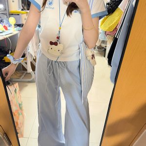Blue Vertical Striped Wide-Leg Casual Pants for Women - Summer 2025 Loose Fit Draping Effect Walking Sports Pants