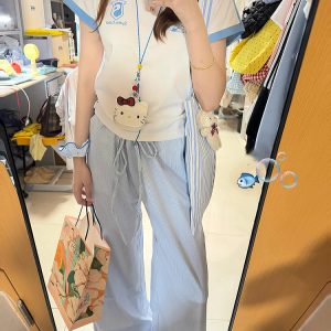 Blue Vertical Striped Wide-Leg Casual Pants for Women - Summer 2025 Loose Fit Draping Effect Walking Sports Pants