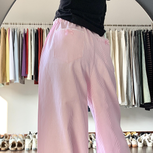 Blue Vertical Striped Wide-Leg Casual Pants for Women - Summer 2025 Loose Fit Draping Effect Walking Sports Pants