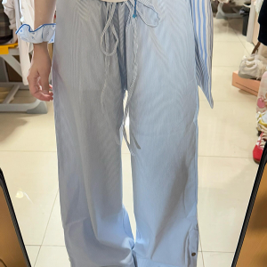 Blue Vertical Striped Wide-Leg Casual Pants for Women - Summer 2025 Loose Fit Draping Effect Walking Sports Pants
