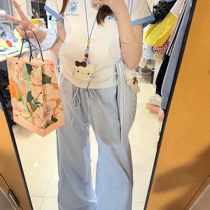 Blue Vertical Striped Wide-Leg Casual Pants for Women - Summer 2025 Loose Fit Draping Effect Walking Sports Pants