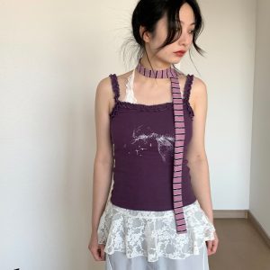 Blue Vintage Bow Print Slim Fit Casual Lace Knitted Tank Top for Spring Summer - Stylish 90s Inspired Fashion Essential