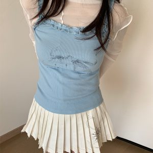 Blue Vintage Bow Print Slim Fit Casual Lace Knitted Tank Top for Spring Summer - Stylish 90s Inspired Fashion Essential