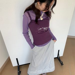 Blue Vintage Bow Print Slim Fit Casual Lace Knitted Tank Top for Spring Summer - Stylish 90s Inspired Fashion Essential