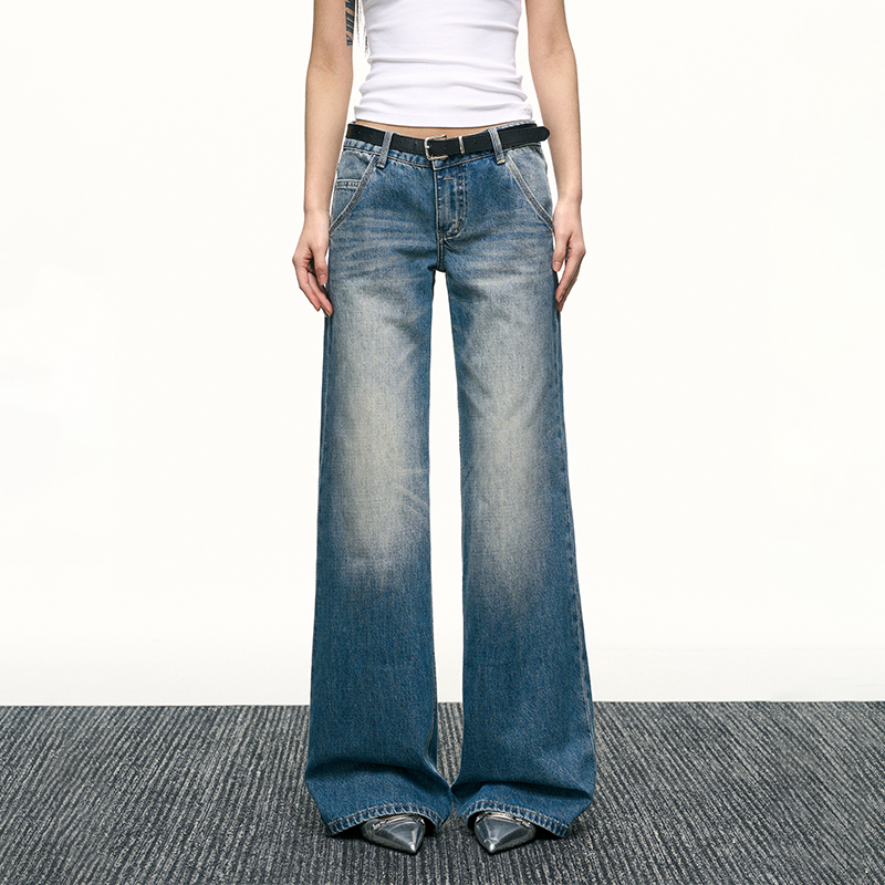 Blue Washed Scratch-Style Low-Rise Jeans for Women, Loose Straight-Leg Trousers, Slimming Wide-Leg Pants for Spring and Autumn Fashion