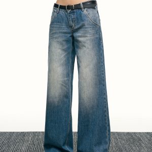 Blue Washed Scratch-Style Low-Rise Jeans for Women, Loose Straight-Leg Trousers, Slimming Wide-Leg Pants for Spring and Autumn Fashion