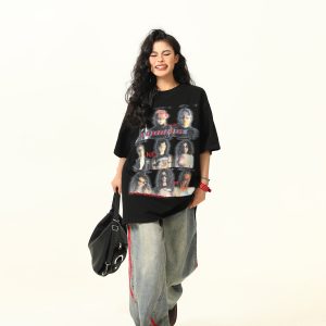 Blurred Portrait Print Vintage Floral Short Sleeve T-Shirt for Women - American Retro Style, Trendy Gray Tee