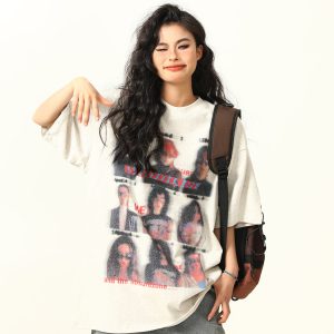 Blurred Portrait Print Vintage Floral Short Sleeve T-Shirt for Women - American Retro Style, Trendy Gray Tee