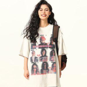 Blurred Portrait Print Vintage Floral Short Sleeve T-Shirt for Women - American Retro Style, Trendy Gray Tee