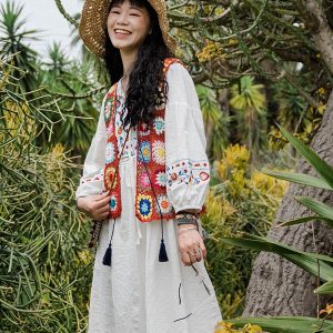 Bohemian Crochet Lace-Up Vest - Colorful Retro Ethnic Style Cardigan for Vacation - Handmade Fashion Top