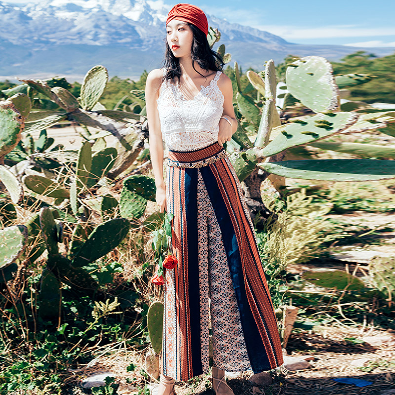 Bohemian High-Waisted Wide-Leg Beach Pants - Chiffon Printed Ethnic Style for Seaside Travel, Thailand Vibes