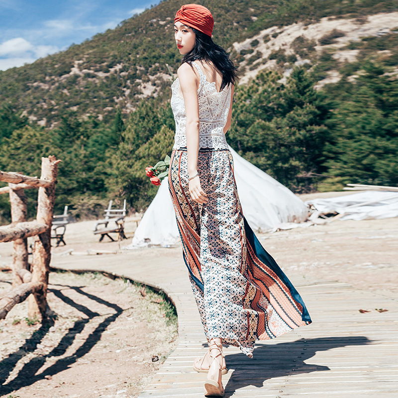 Bohemian High-Waisted Wide-Leg Beach Pants - Chiffon Printed Ethnic Style for Seaside Travel, Thailand Vibes Bohemian High-Waisted Wide-Leg Beach Pants - Chiffon Printed Ethnic Style for Seaside Travel, Thailand Vibes