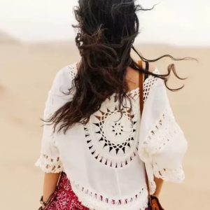 Bohemian Lightweight Sun Protection Top with Hollow Crochet Design for Women - Perfect Vacation Beachwear