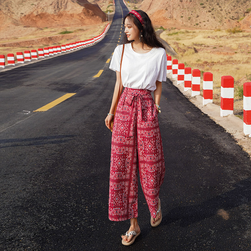 Bohemian Thai Beach Pants for Women, Summer Ethnic Travel Split Wide-Leg Trousers, Vacation Printed Wide-Leg Pants