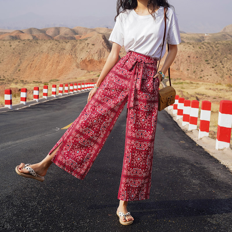 Bohemian Thai Beach Pants for Women, Summer Ethnic Travel Split Wide-Leg Trousers, Vacation Printed Wide-Leg Pants