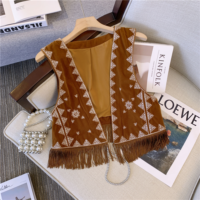 Bohemian Western Cowboy Brown Suede Embroidered Vest - Versatile Short Outer Cardigan Jacket for Y2K and Ethnic Style
