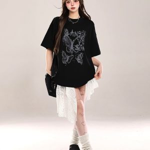 Bow Print Short-Sleeve T-Shirt for Women - Summer 2025 Loose Fit Lazy Style Top