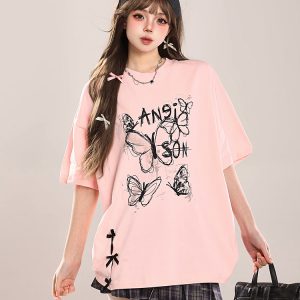 Bow Print Short-Sleeve T-Shirt for Women - Summer 2025 Loose Fit Lazy Style Top