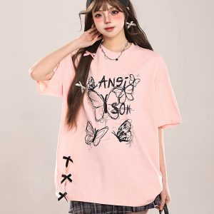 Bow Print Short-Sleeve T-Shirt for Women - Summer 2025 Loose Fit Lazy Style Top