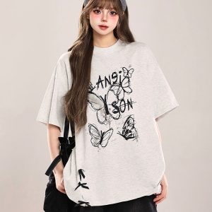 Bow Print Short-Sleeve T-Shirt for Women - Summer 2025 Loose Fit Lazy Style Top