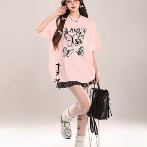 Bow Print Short-Sleeve T-Shirt for Women - Summer 2025 Loose Fit Lazy Style Top