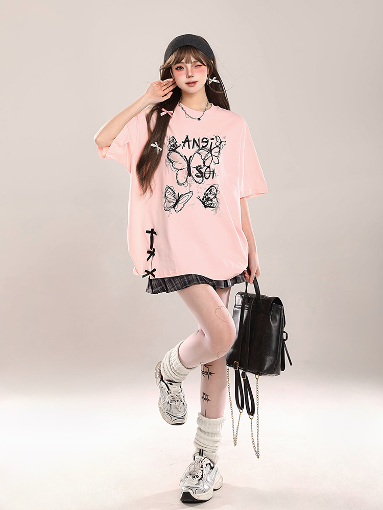 Bow Print Short-Sleeve T-Shirt for Women - Summer 2025 Loose Fit Lazy Style Top Bow Print Short-Sleeve T-Shirt for Women - Summer 2025 Loose Fit Lazy Style Top