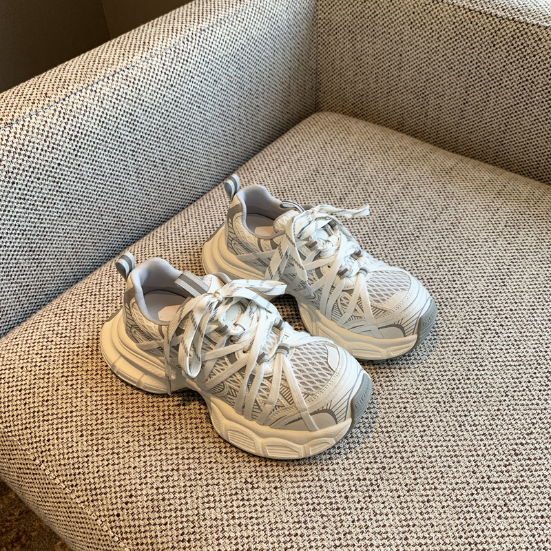 Breathable Genuine Leather Mesh Thick-Soled Dad Shoes for Women - Height-Increasing Casual Sports Shoes for Spring 2025