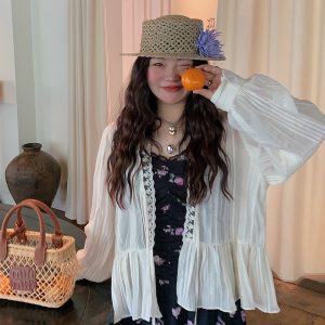 Breathable Long Sleeve Lace Blouse for Women - Summer 2025 Thin Shirt Jacket, Niche Design, Perfect for 90s and Y2K Fashion