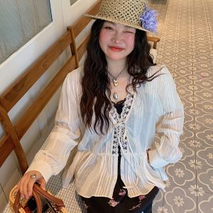 Breathable Long Sleeve Lace Blouse for Women - Summer 2025 Thin Shirt Jacket, Niche Design, Perfect for 90s and Y2K Fashion