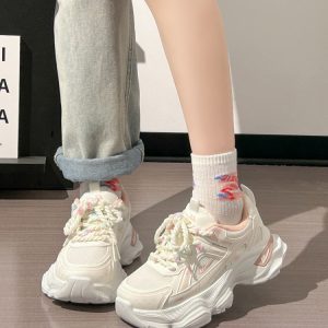 Breathable Mesh Dad Shoes for Women - Height-Increasing Casual Sports Sneakers - Versatile White Footwear for Sweet Girls 2025 Style