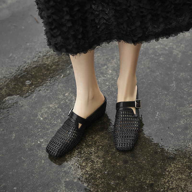 Breathable Open-Toe Woven Mule Shoes with Belt Buckle - Italian Vacation Style Outdoor Slippers for Women