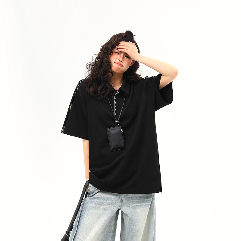 Bright Line Camo Design Retro Short Sleeve T-Shirt, Unisex Polo Collar, Heavyweight Style, 90s American Fashion