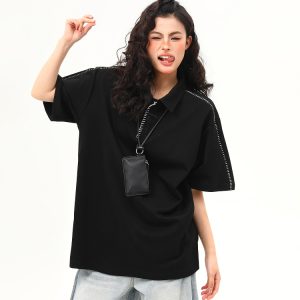 Bright Line Camo Design Retro Short Sleeve T-Shirt, Unisex Polo Collar, Heavyweight Style, 90s American Fashion