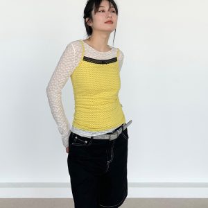 Bright Yellow Polka Dot Black Lace Trim Camisole - Summer Casual Women's Tank Top, Perfect for Y2K and Playful Styles