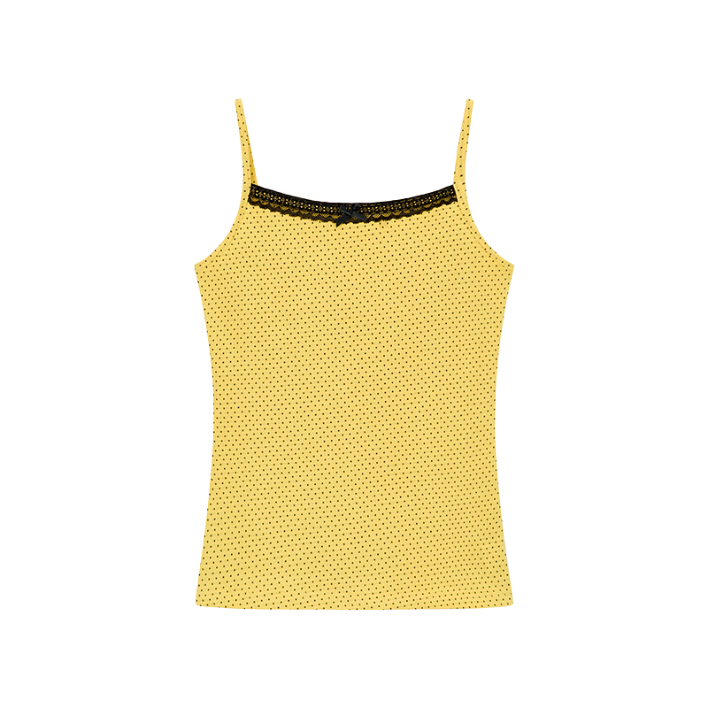 Bright Yellow Polka Dot Black Lace Trim Camisole - Summer Casual Women's Tank Top, Perfect for Y2K and Playful Styles