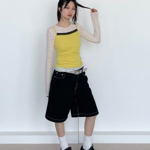 Bright Yellow Polka Dot Black Lace Trim Camisole - Summer Casual Women's Tank Top, Perfect for Y2K and Playful Styles