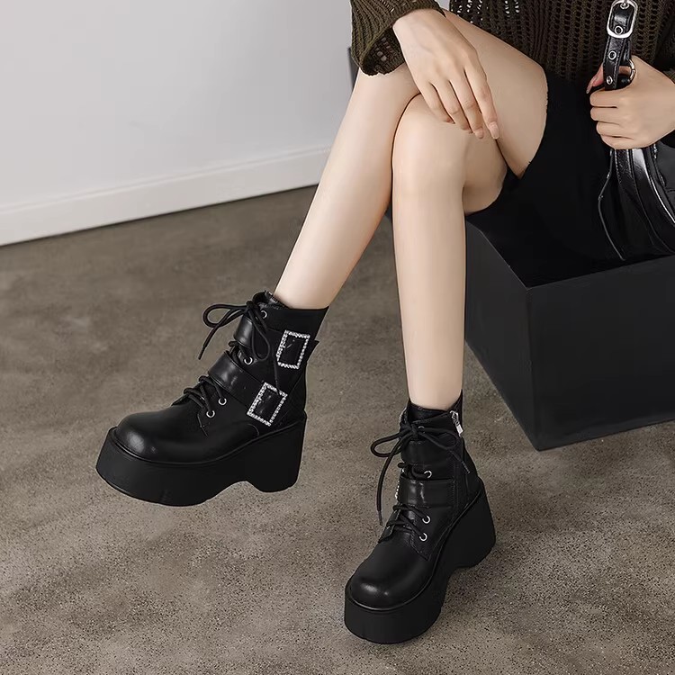 British Style Belt Buckle Thick-Soled Short Boots for Women - Fashionable Platform Martin Work Boots