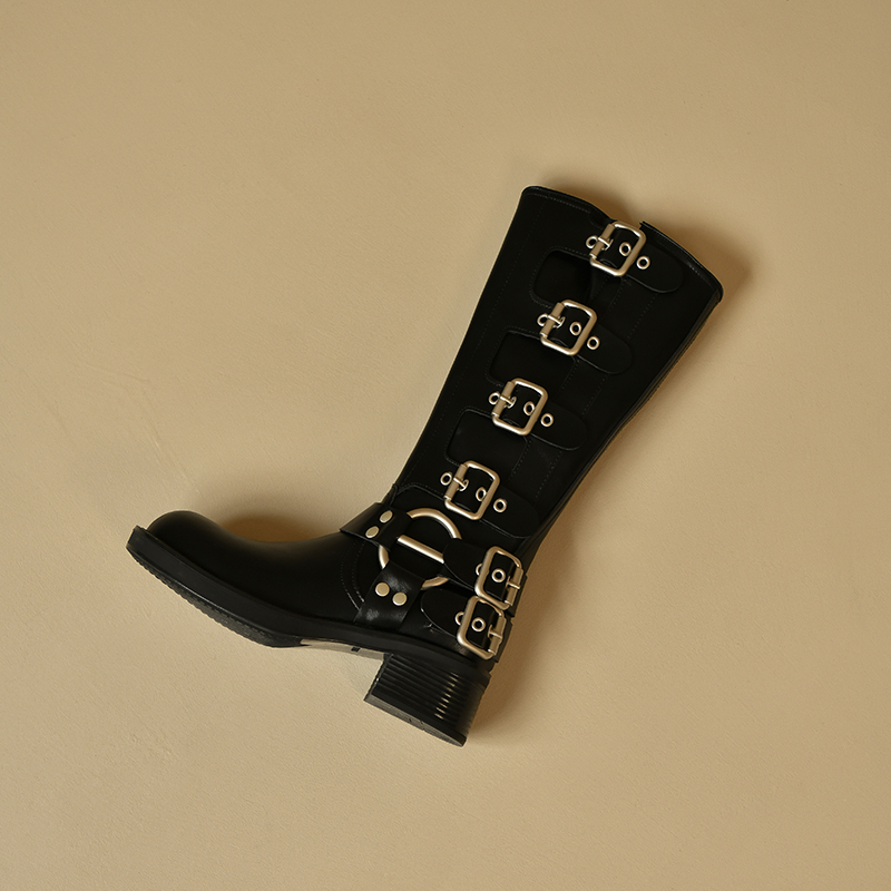 Brown Genuine Leather Buckle Long Boots for Women - Autumn Winter High Cowboy Boots, Western Style Footwear