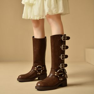 Brown Genuine Leather Buckle Long Boots for Women - Autumn Winter High Cowboy Boots, Western Style Footwear