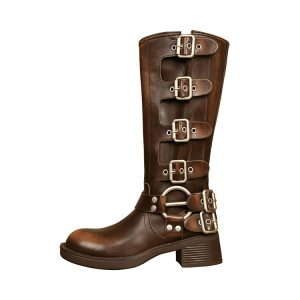 Brown Genuine Leather Buckle Long Boots for Women - Autumn Winter High Cowboy Boots, Western Style Footwear